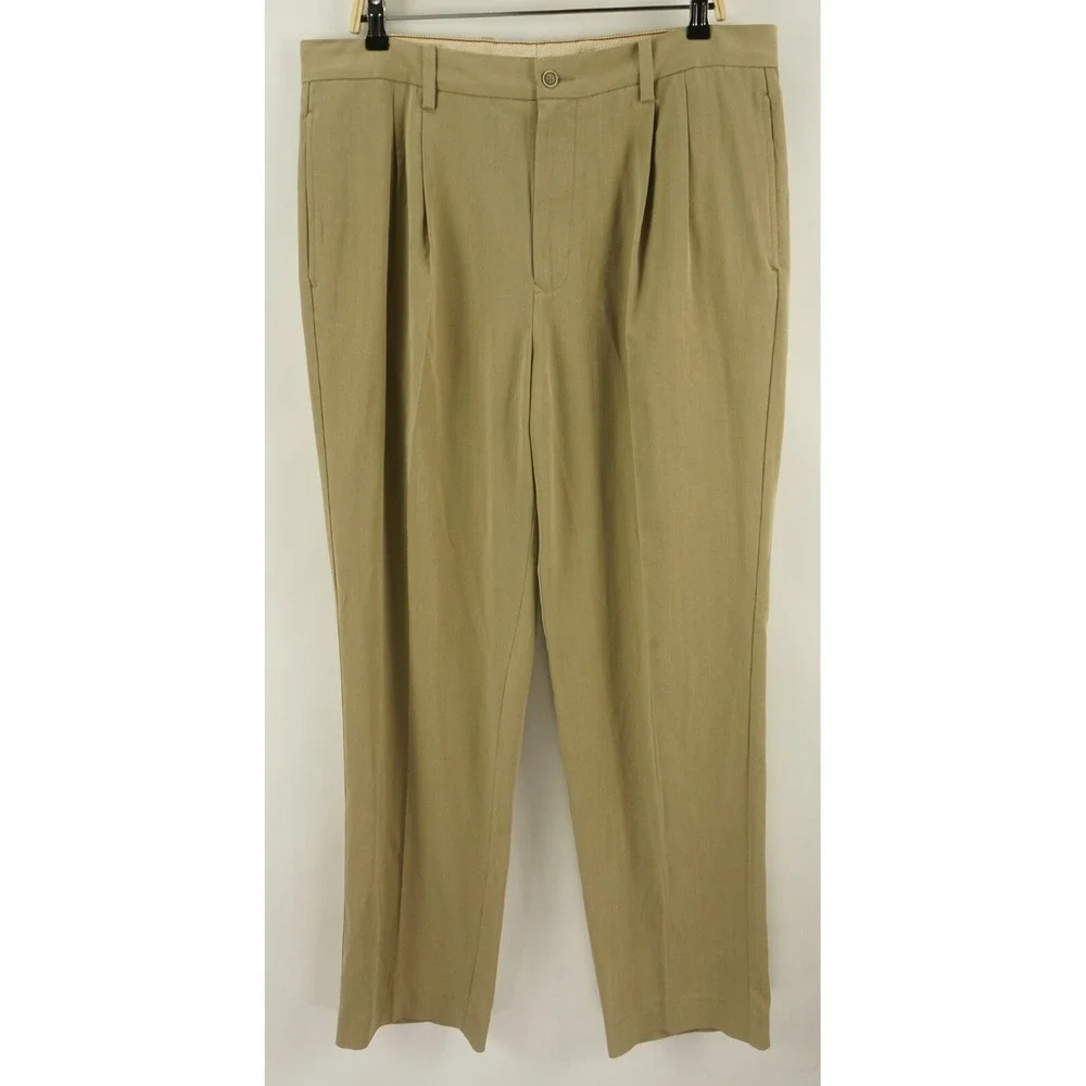 Tommy Bahama Silk & Bamboo Men's 36 x‎ 32 Tan Herringbone Pleated Chino Pants